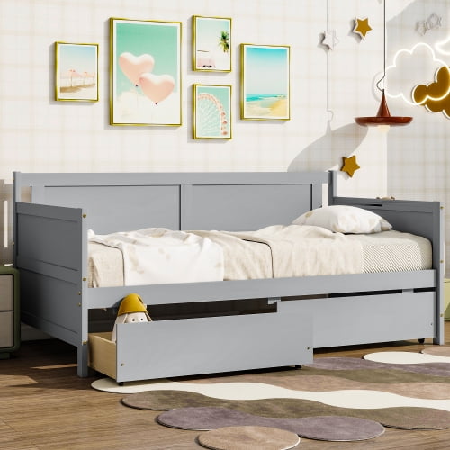 Twin Size Daybed with Two Storage Drawers, Solid Pine Wood Daybed Frame Converts from Sofa to Bed, Guest Bedroom Furniture, Grey