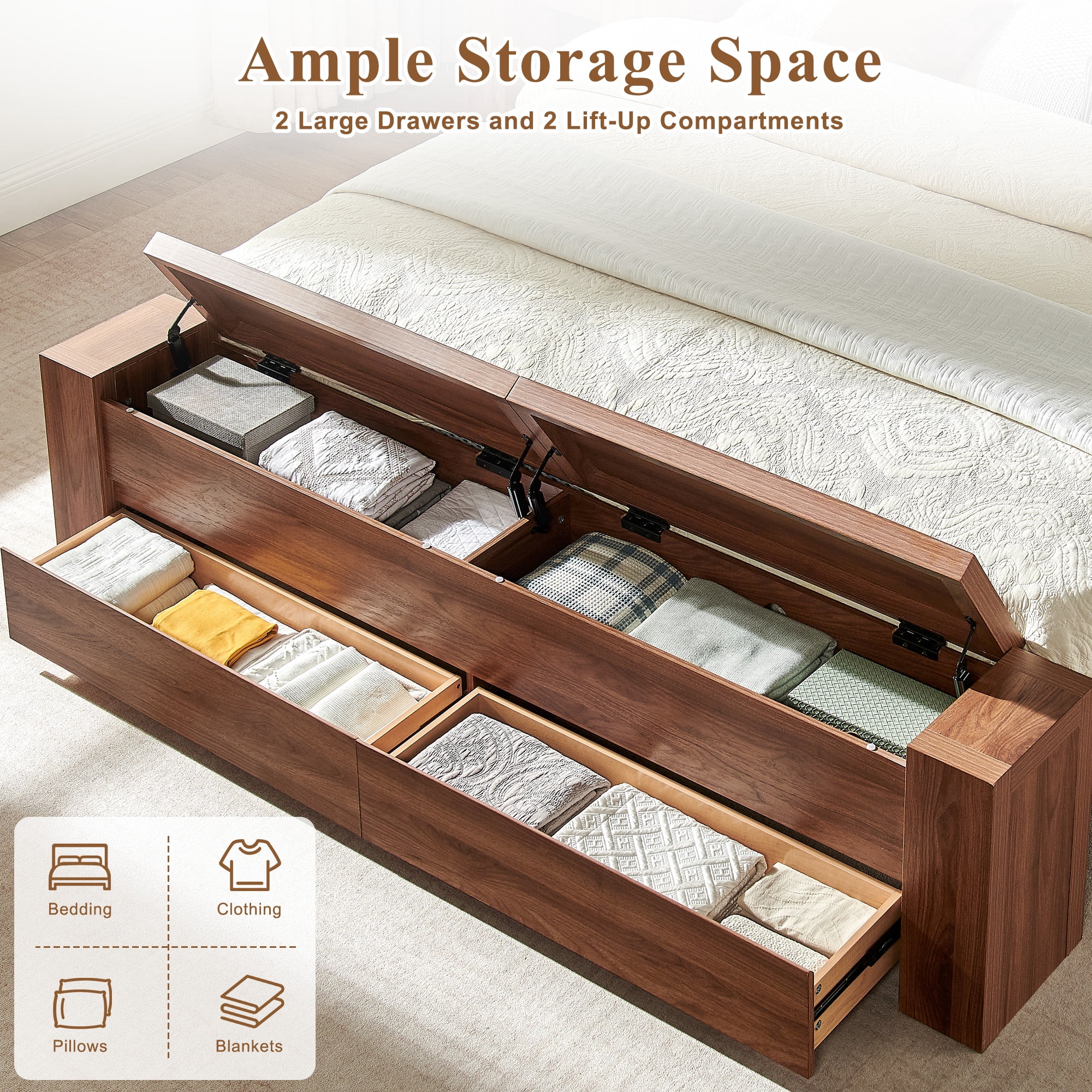 KeyWhat Modern Queen Size Storage Bed Frame with Panel Headboard, Footboard Storage Bench, Built-In Drawers, Lift-Up Compartments, No Box Spring Needed, Light Walnut