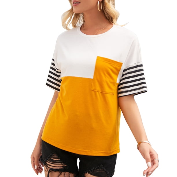 Guardurnaity Camisa de manga corta con cuello y estampado de rayas para mujer Prendas para la parte del cuerpo Amarillo XL Guardurnaity AP001245-16