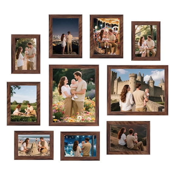 Brown Collage Picture Frame Set – Gallery Set of 10 Multi-Size Frames (4x6, 5x7, 8x10) for Wall or Tabletop Decoration