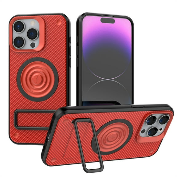 ELEHOLD for iPhone 14 Pro Case Carbon Fiber Texture Slim Thin Lightweight Strong Magnetic Compatible with Mag Safe Invisible Kickstand Shockproof Protective Case,red