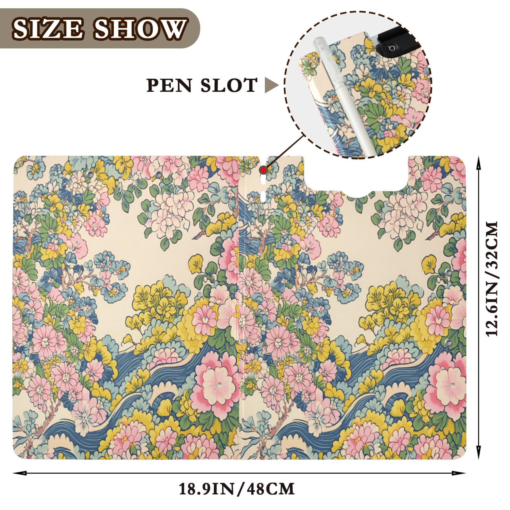 FORMRS A4 Clipboard Folder with Pen Holder Horizontal Foldable School Office Binder, Pink Floral Wave