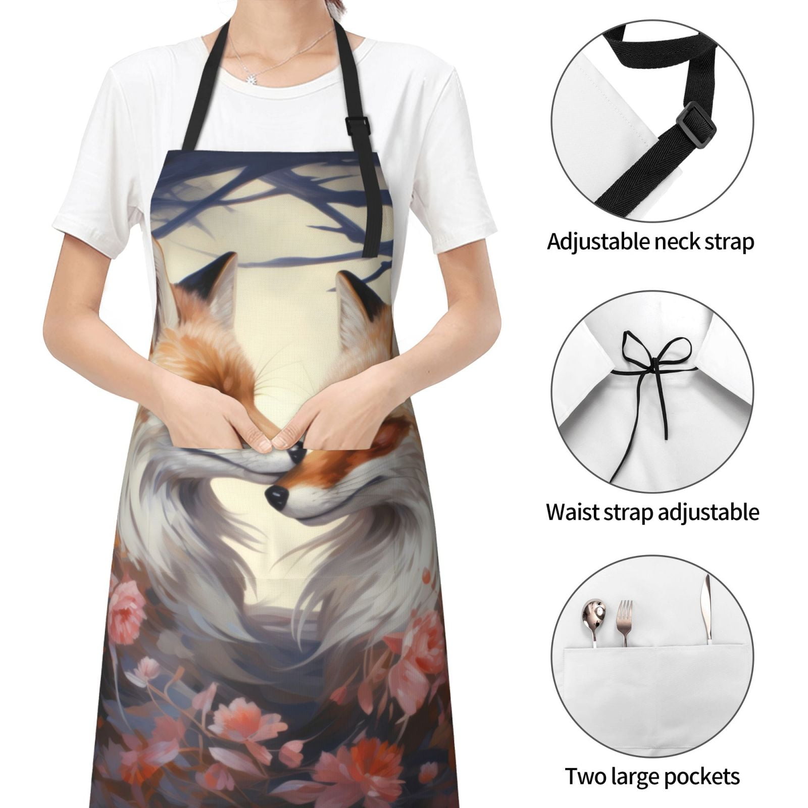 Kdxio Romantic Flower Fox Apron with Pockets Adjustable Kitchen Aprons for Men Women Waterproof Aprons for Cooking,Drawing,Crafting, Baking Household Cleaning