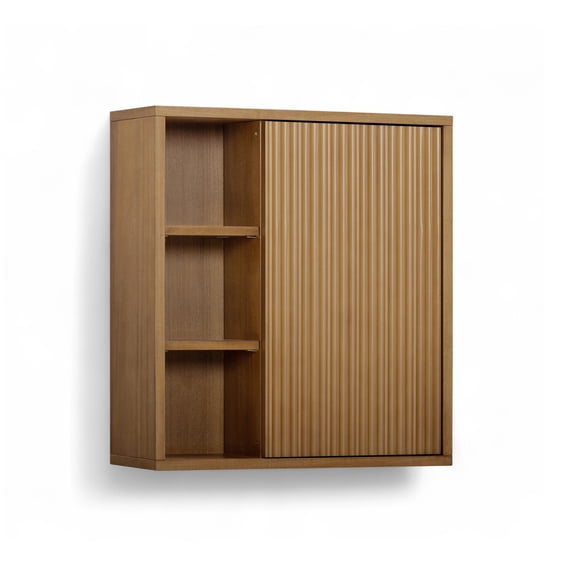 Tremolo Dual Storage Wall Cabinet, Natural – Teamson Home: Solid Wood Wall-Mount Frame, Open & Closed Compartments with Fluted Fronts for Bathroom