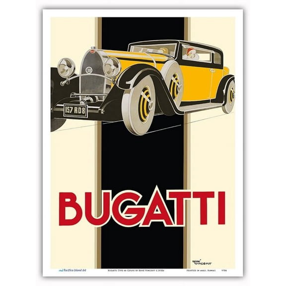 Bugatti Type 46 Coupe - Vintage Car Racing Poster by René Vincent c.1930s - Master Art Print (Unframed) 9in x 12in