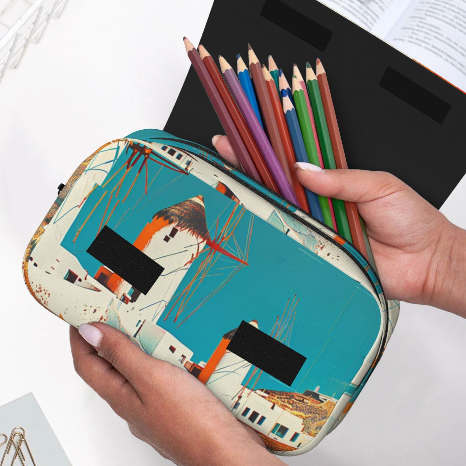 Rateoe Colorful Greek Windmills Pattern Double Clamshell Pen Case, Storage Organizer with Two Zipper Compartments– Holds Up to 50 Pencils & Pens