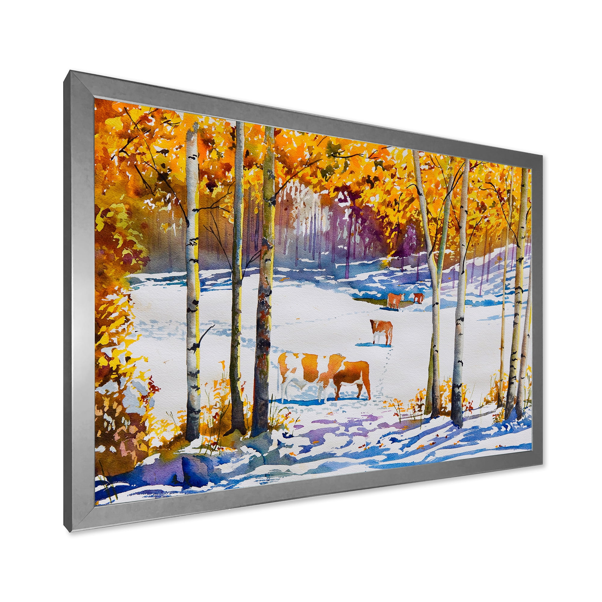 Designart 'Cattles In The Early Snow In The Tree Forest' Farmhouse Framed Art Print