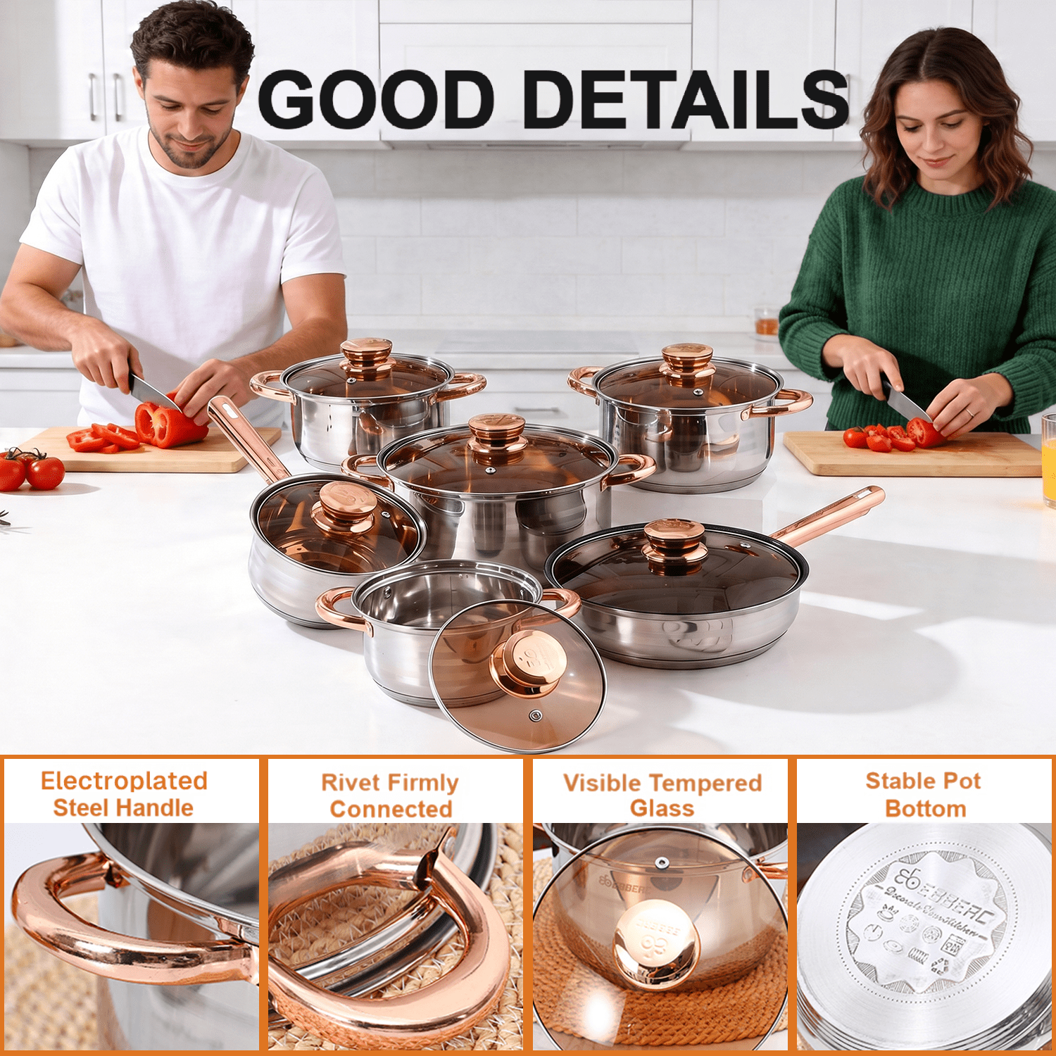 Behome 12Pcs Stainless Steel Cookware Set, Pots and Pans Set with Ergonomic Handles, Compatible with Induction, Electric, Gas Cooktops, Dishwasher Safe