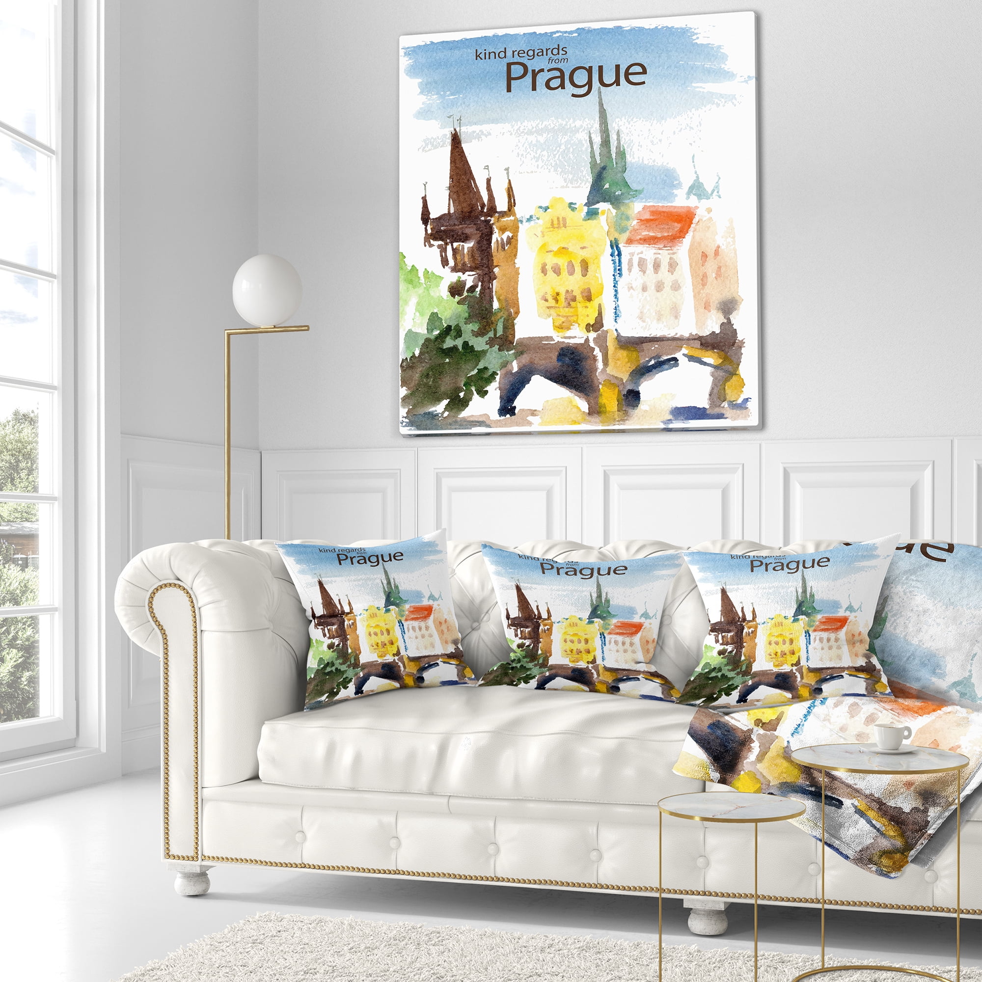 Designart Old Prague Vector Illustration - Cityscape Painting Throw Pillow - 18x18