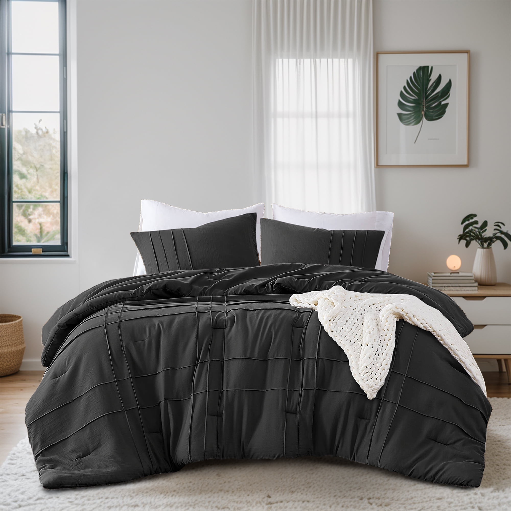 Regency Heights Twin/Twin XL Comforter Set, Boho 2-Piece Pintuck Stitching Dorm Bedding Set, Soft Washed Pleated Bed Sets with Pillow Sham Black