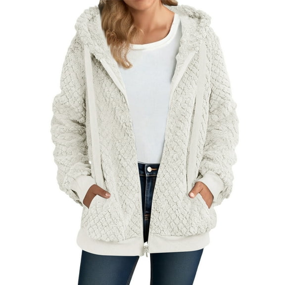Gamivast Fleece Jackets Women Zip up Loose Hooded Long Sleeve Coats with Pockets Soft Fuzzy Outerwear with Drawstrings Fall Winter Warm Solid Jackets