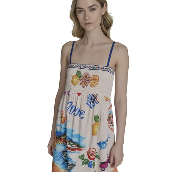 Falling Flowers Women's Spaghetti Strap Smocked Back Midi Sundress, Sizes XS-XL