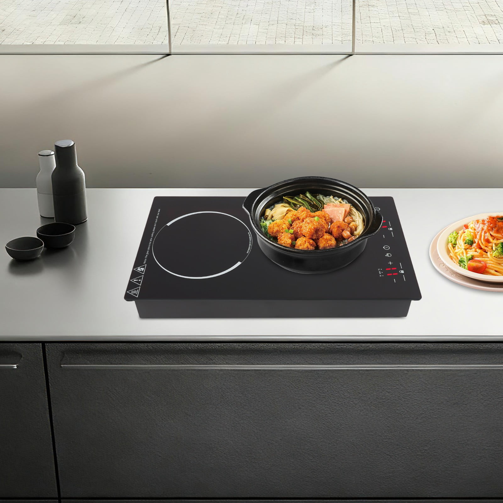 20.08*11.34*3.35 inch Portable Induction Cooker with 2 Burner Independent Control Black for Home Kitchens
