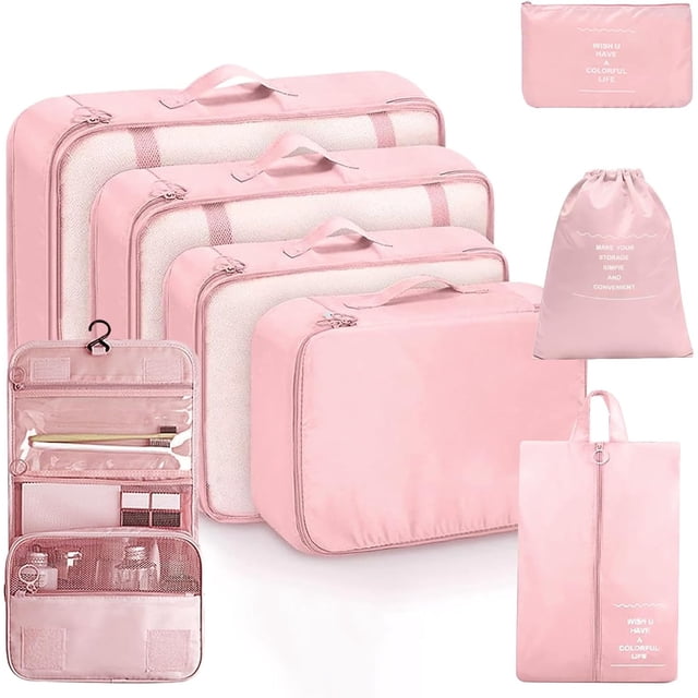 Bolsas Organizadoras de Viaje 8pcs, Organizadores de Maletas de Viaje, Organizador de Equipaje Impermeable en Varios Tamaños, Kit de Organizador Viaje Multiusos para Ropa Zapatos Cosméticos (Rosa)
