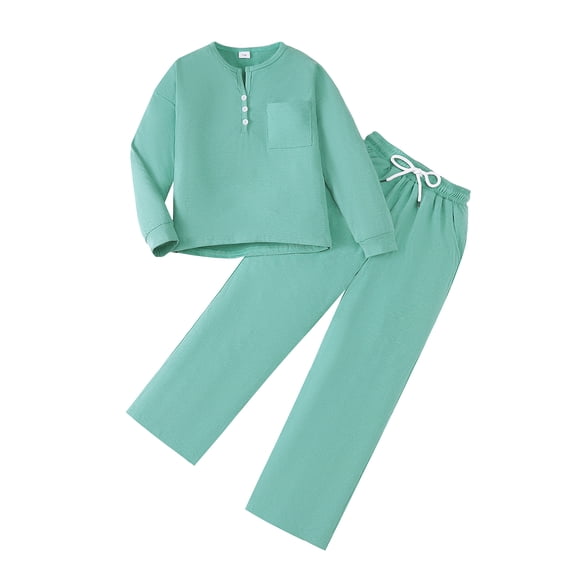 Yaoqi 8 Years Big Girl Outfit Set 9 Years Child Girls Clothes Long Sleeves Pullover Top Solid Color Pants 2pcs Clothing Green