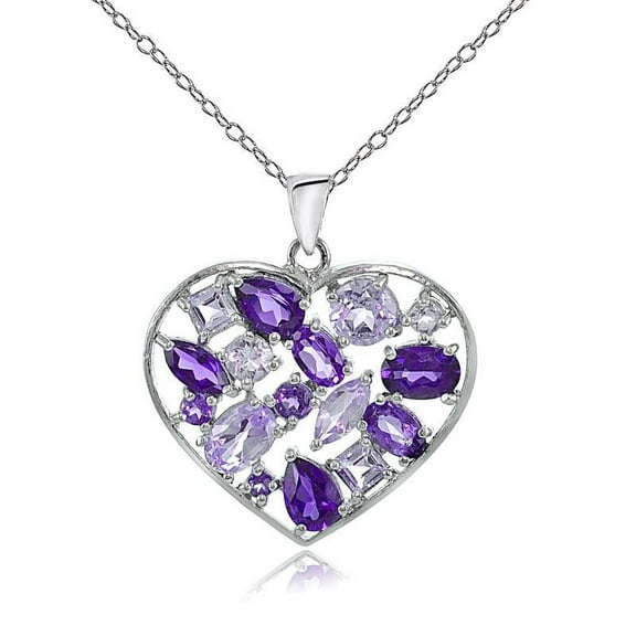 Sterling Silver African Amethyst & Amethyst Cluster Heart Tonal Necklace