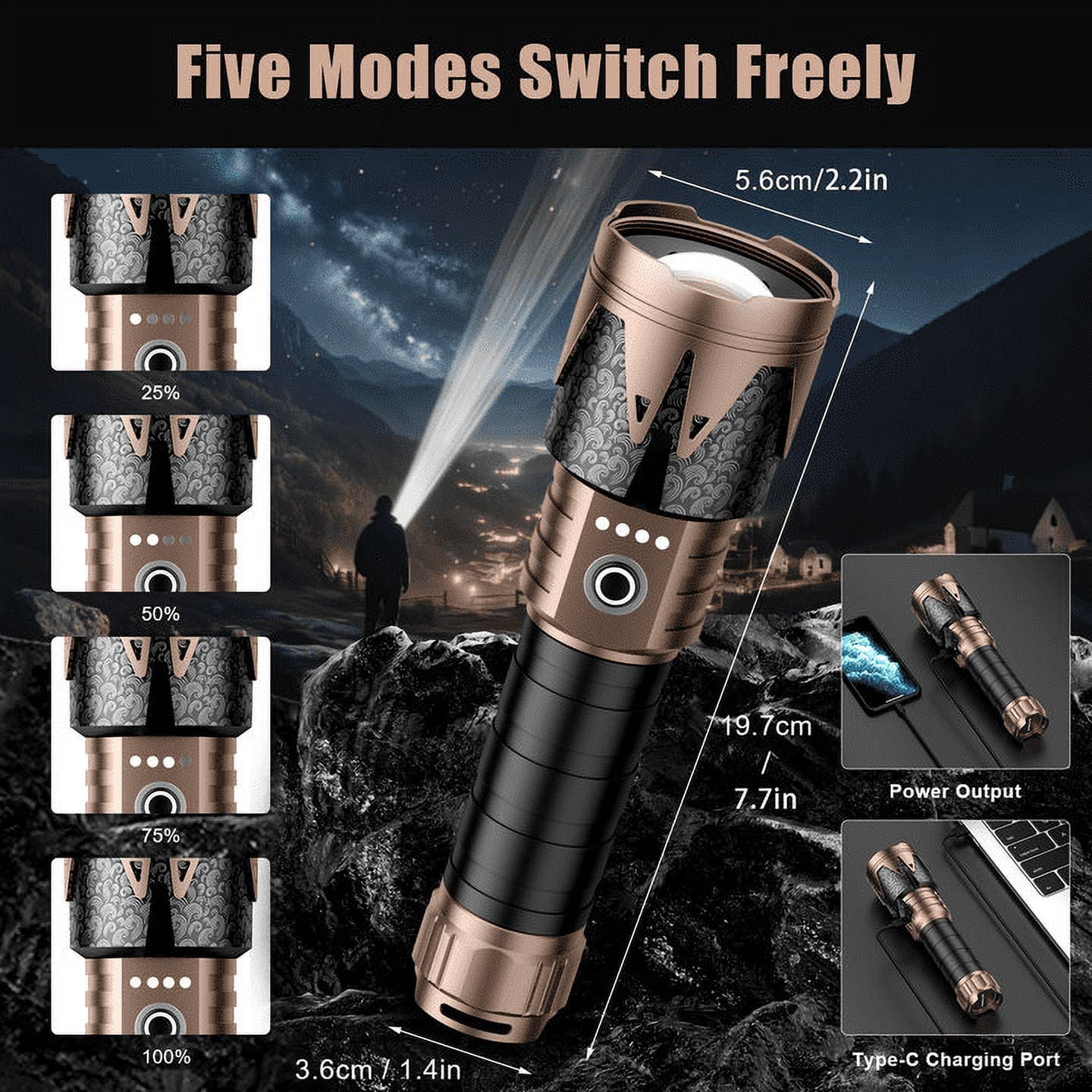 SKYFIRE high-lumen LED flashlight with ignition lens, high-lumen flashlight, zoom, five modes, essential for long-life camping, outdoor, farm and emergency situations