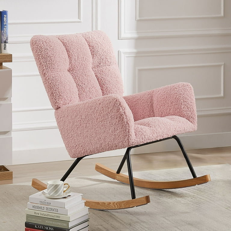 Rocking Chair Leisure Sofa Glider Chair Comfy Upholstered Lounge Chair With High Backrest For Nursing Baby Reading Napping Pink