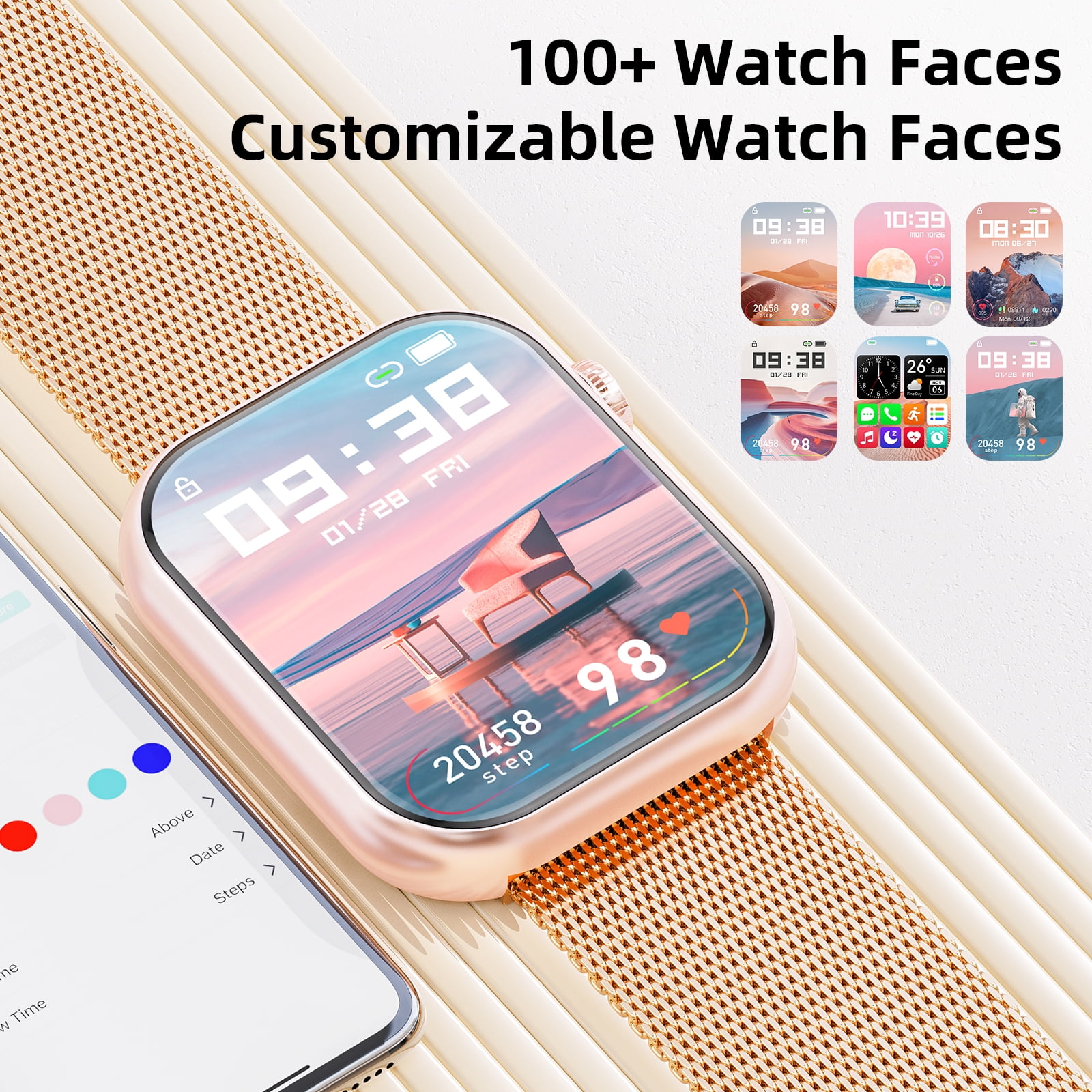 Mingdaln 1.85-inch Women's Smart watch with 2 watch straps/Answer/Make Calls/120+Sports Modes/ IP68 Waterproof，Fitness Tracker Fits for Android Iphone Devices（Gold Milan Steel Belt）