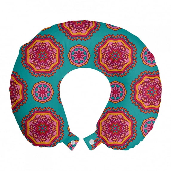 Ethnic Travel Pillow Neck Rest, Illustration of Oriental Meditation Cosmos Paisley Ottoman Elements, Memory Foam Traveling Accessory Airplane and Car, 12", Teal Orange and Magenta, by Ambesonne