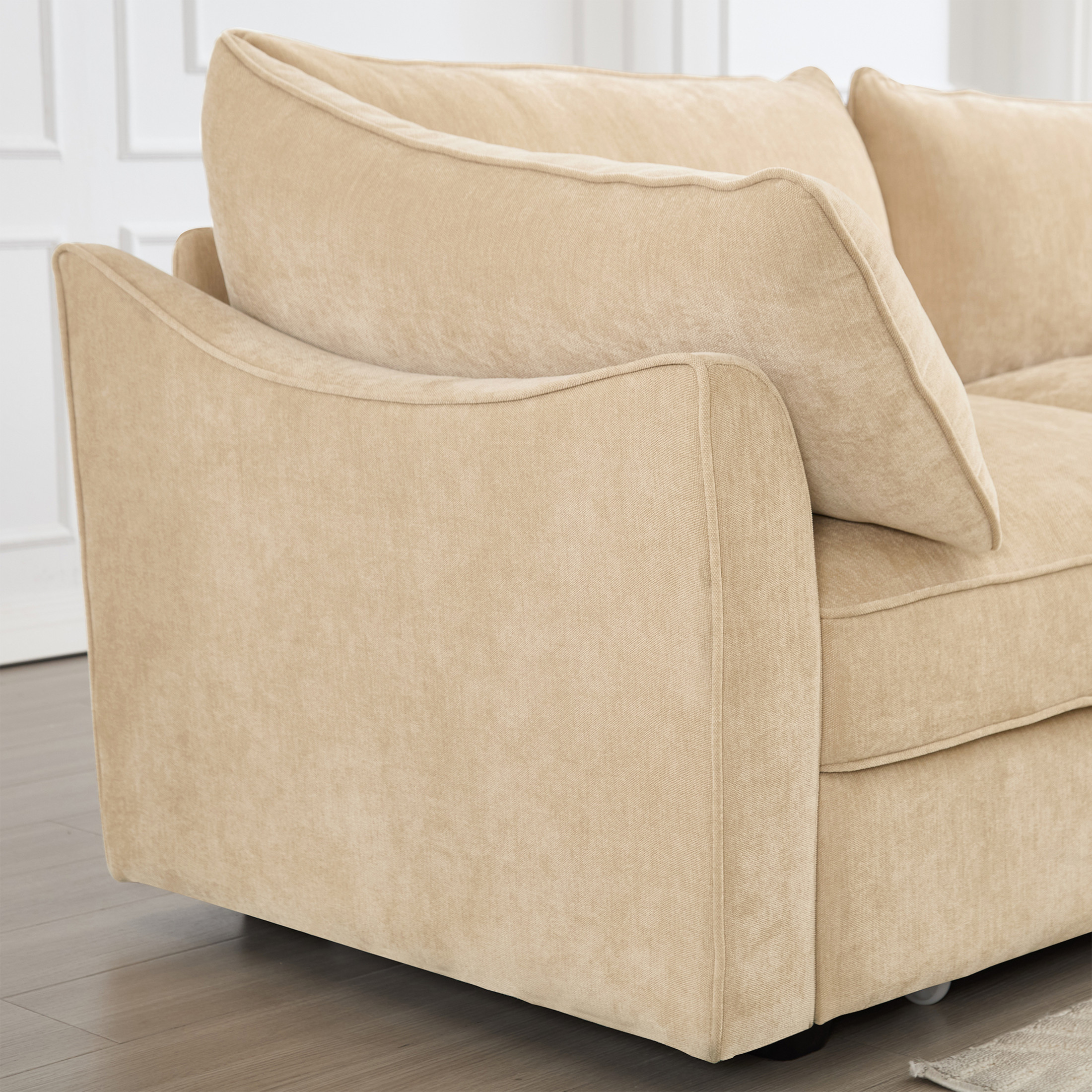Noble House 3-Seater Sofa with Pull-Out Drawers, Crescent Armrests, and Wraparound Back & Arm Cushions, Chenille Fabric, Wheat