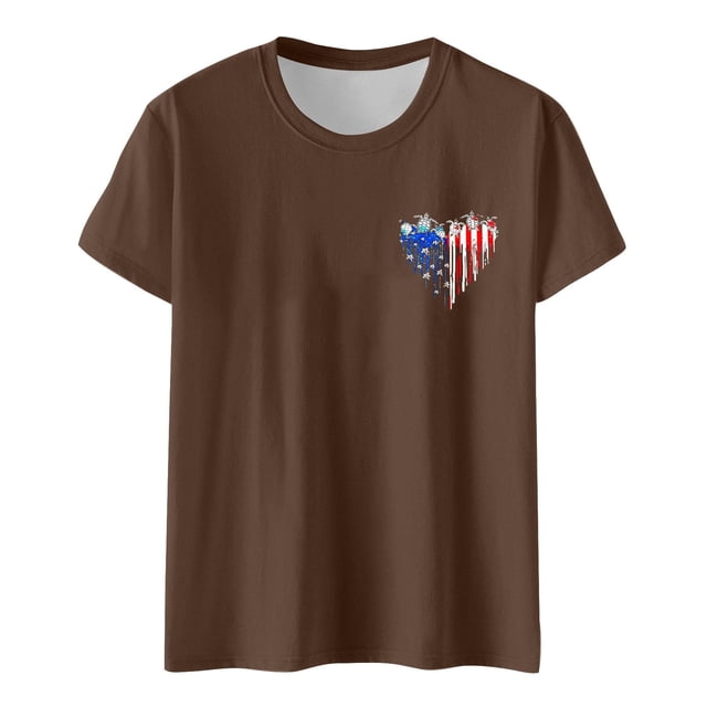 Hauts pour Femmes Jour de l'Indépendance Drapeau Col Rond Imprimé Lettre Manches Courtes T-Shirts pour Femmes Marron TTG