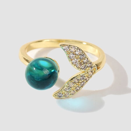 Womens Adjustable Opening Ocean Beads Mermaid Tail Ring Gold Copper Alloy Inlay Artificial Gemstone Semi-Precious Stone Jewelry