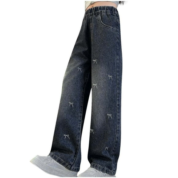 LOVZFMLL Girls Jeans Bow Straight-Leg Loose Fit Wide Leg Pants Casual Full Length Denim Pants Elastic Waist with Pockets Teen Girls Clothes 12-13 Years