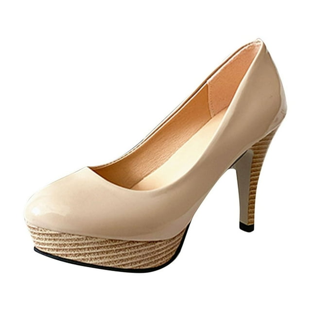 Escarpins à Talons Hauts pour Femmes, Plateforme, Talon Aiguille, Talon en Liège, Bout Rond, à Enfiler, Chaussures Habillées, Beige