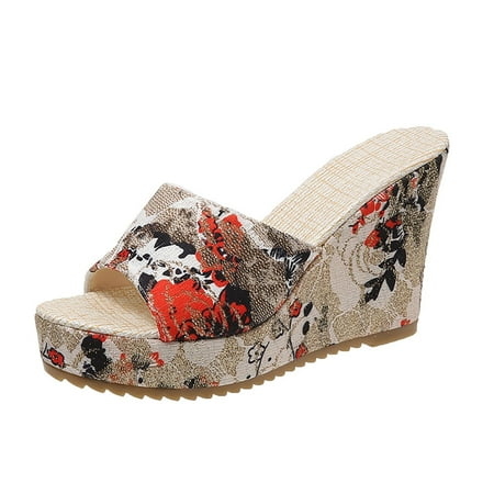 CHOII 50% off Clearance High-heeled Shoes Fishmouth Wedges Shoes Women s Shoes Sandals Artistic Floral Print Height Increasing Sandals Cushionaire Sandals Summer Sandals for Women 2024 Khaki/8