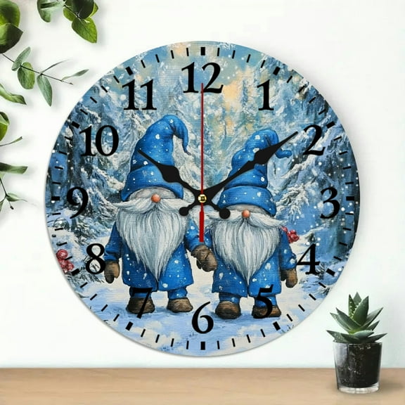 YILUYINQING Gnomes Winter Attire Snowy Forest Theme 10-Inch Round Wooden Wall Clock for Home Decor - Ideal for Living Rooms, Kitchens, Dorms, Practical Everyday Gifts 10x10in