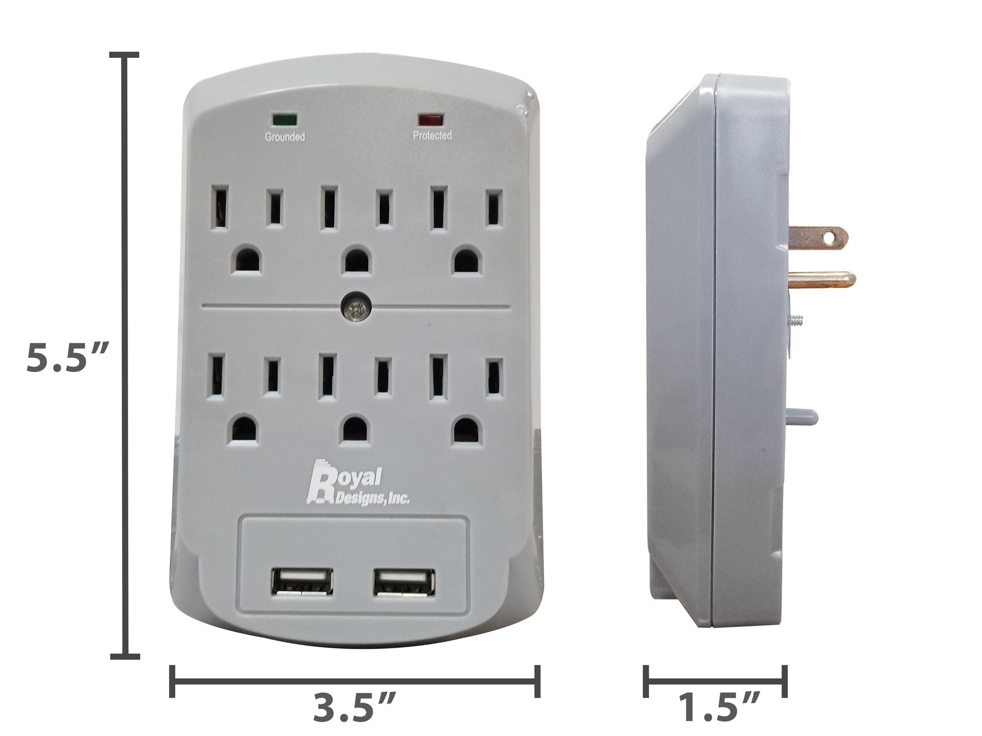 Royal Designs Gray USB Wall Mount and Surge Protector with 6 Outlets and Two USB Ports, Set of 2