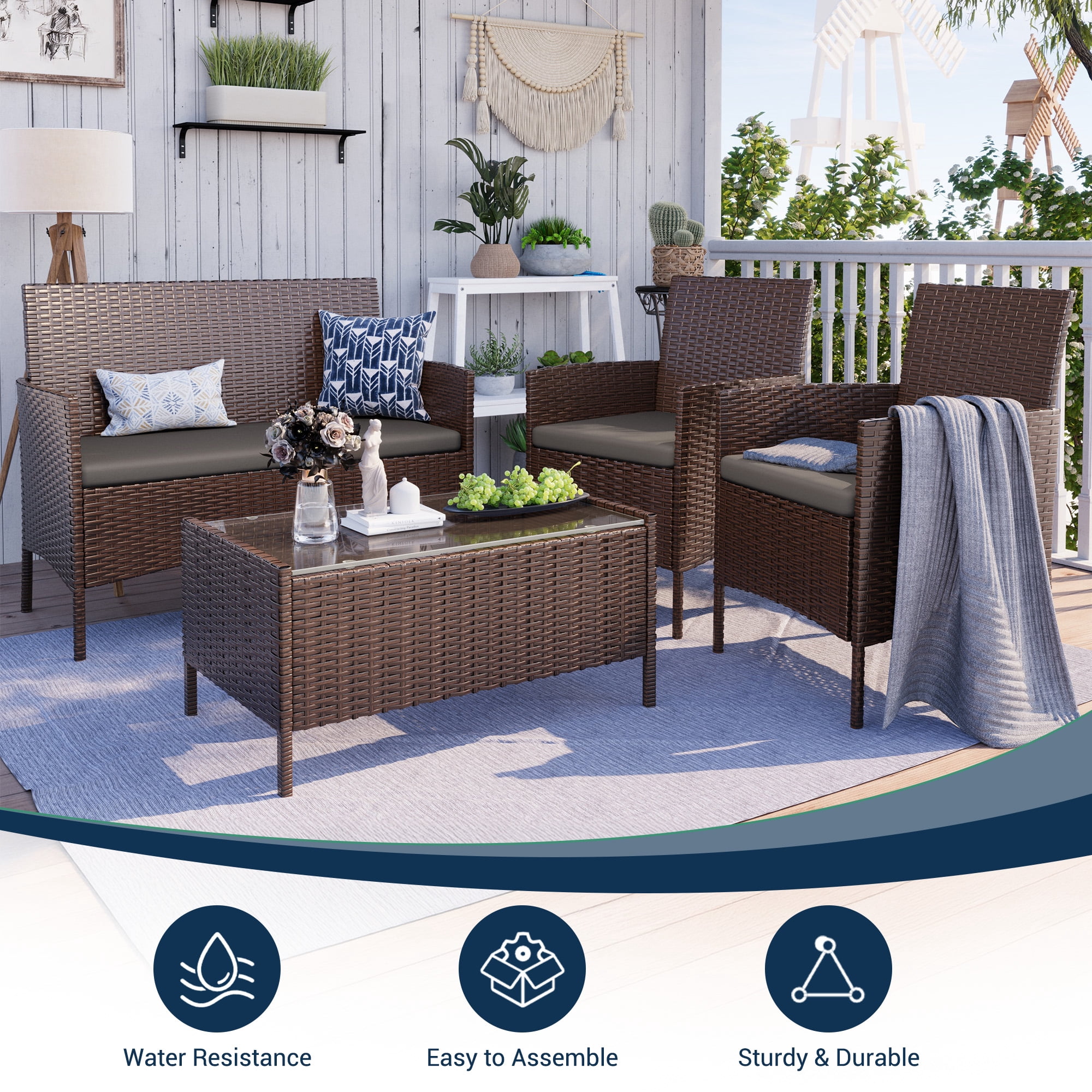 Elposun 4 Steel Hand-woven Outdoor Conversation Sets with Sofa and Table, Brown/Gray