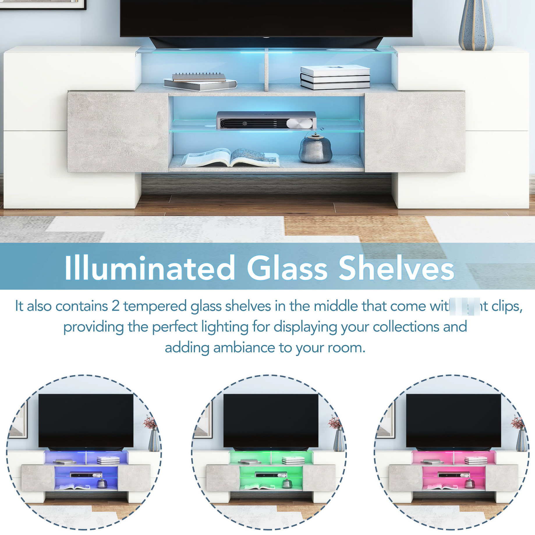 High - quality TV stand with 4 shelves and LED lights for storing media devices in home