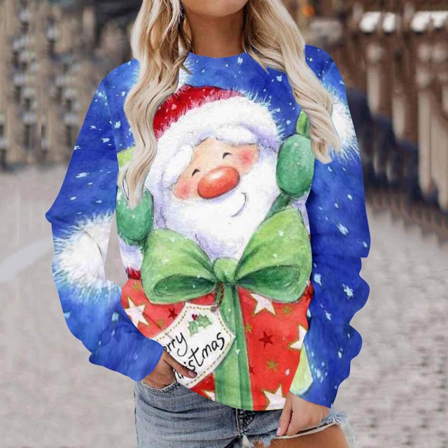 Costumes de Noël en Solde Femmes Manches Longues Décontracté Impression de Noël Col Rond Pull Tunique Chandail en Molleton Grande Taille pour Femmes