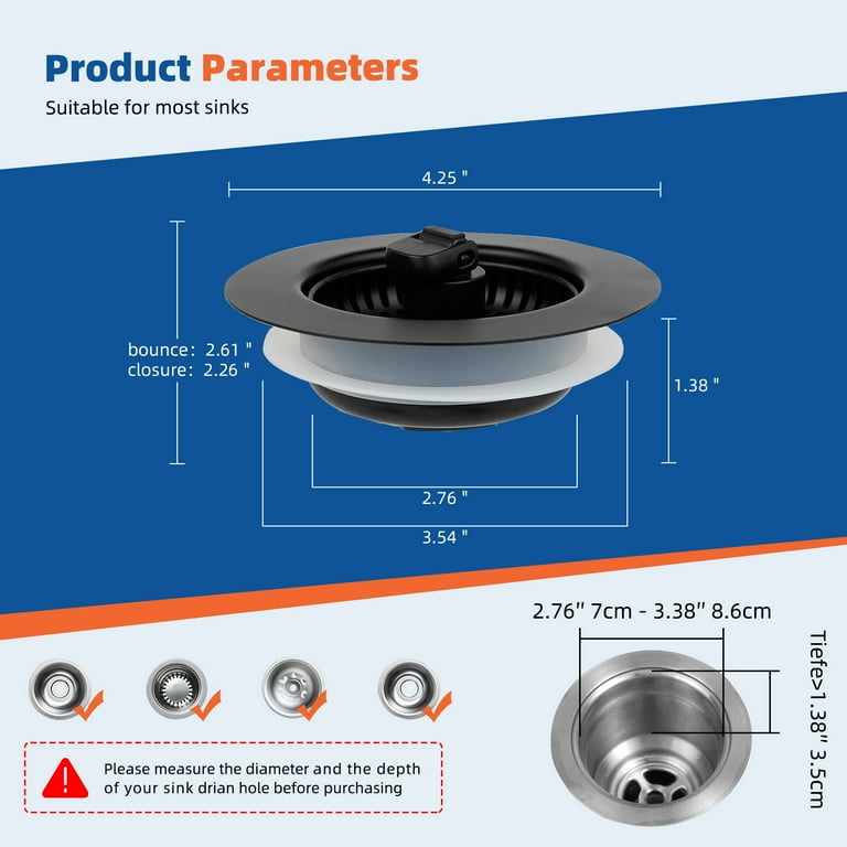 3-in-1 Kitchen Sink Drain Strainer & Stopper Combo – SUS304 Stainless Steel, Silver, Fits Most Sinks