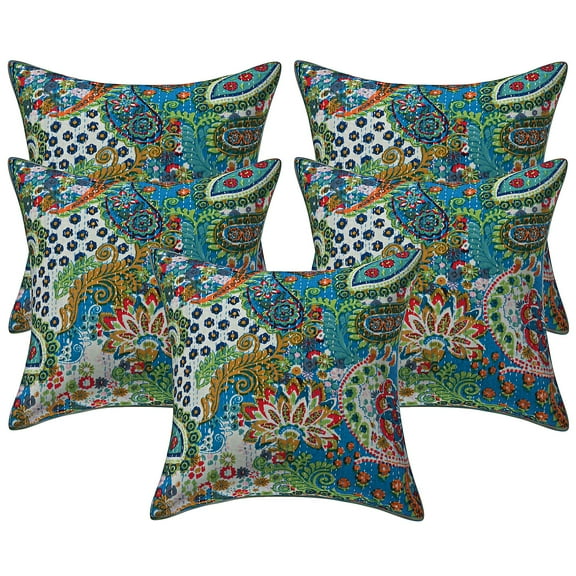 Stylo Culture Ethnic Settee Sofa Throw Pillow Covers 16x16 Floral Kantha Turquoise Printed 40x40 cm Home Decor Cotton Paisley Square Cushion Covers | Set Of 5