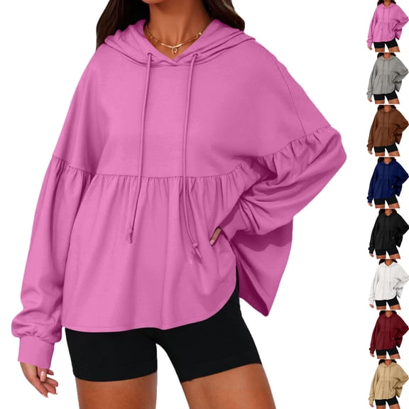 Travel Hoodie Fashion Ladies Hooded Sweatshirts Blouse Tops Womens Hoodies Pullover Long Sleeve Solid Color Hoodie with Ruffle Pleated Hem Oversize Lightweight Casual Sweatshirt for Women
