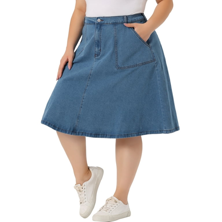 Unique Bargains Women s Plus Size Denim Casual A Line Midi Skirt with Pockets Walmart