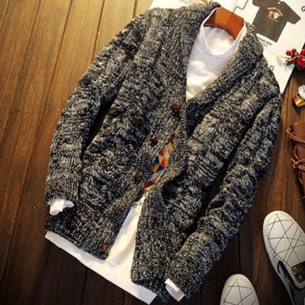 Mens Knitted Shawl Collar Cardigan Sweater Braided Jacket Thermal