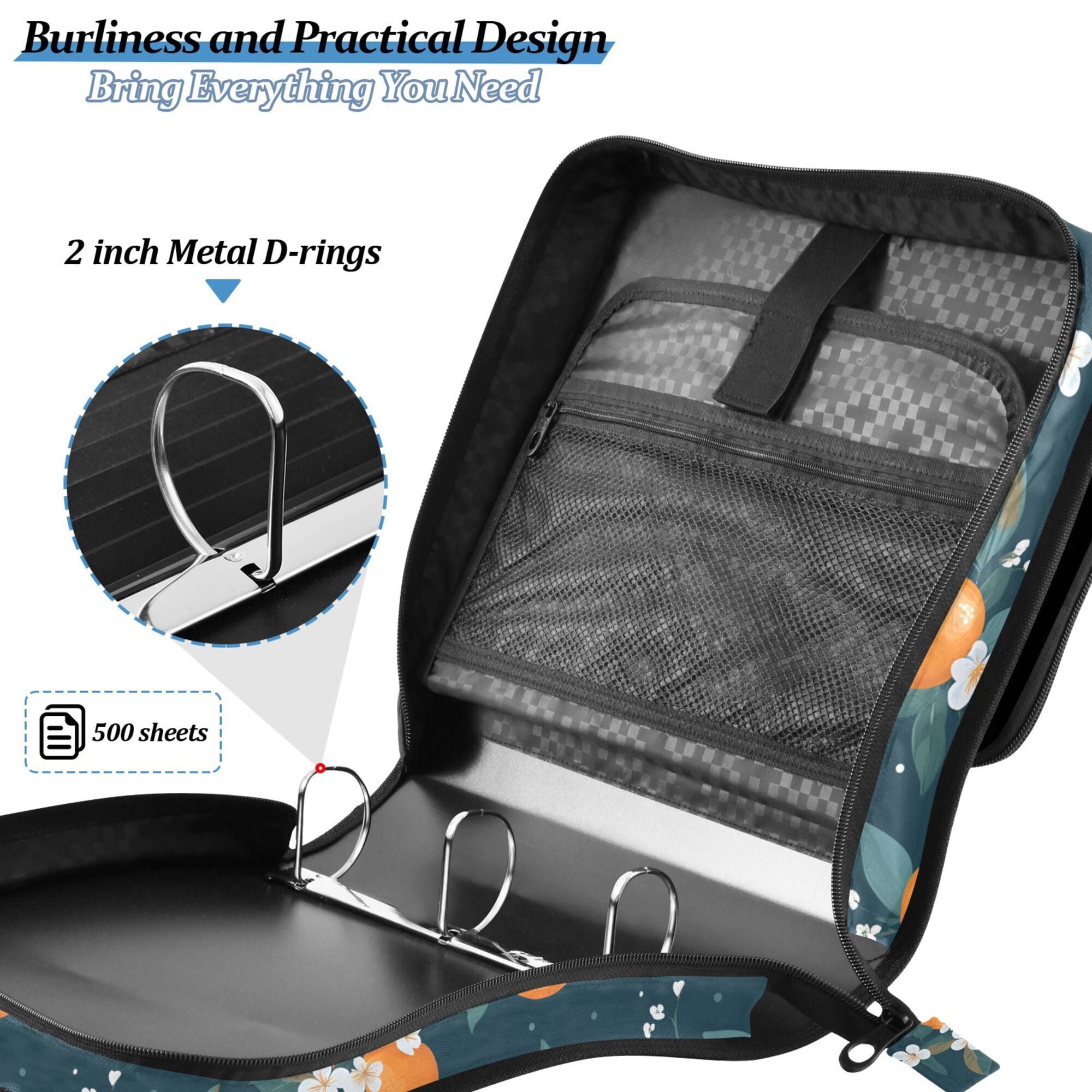 FORMRS Zipper Binder with Shoulder Strap 2-inch Ring 500 Sheet Capacity File Bag, Blue Oranges