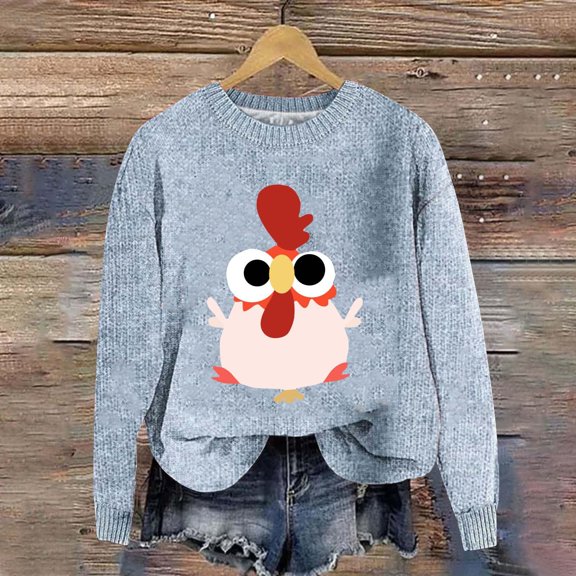 Blue Hoodies for Women Cute Little Turkey Graphic Long Sleeve Knit Sweater Funny Novelty Thanksgiving Sweatshirt Fall Outfits for Women 2024