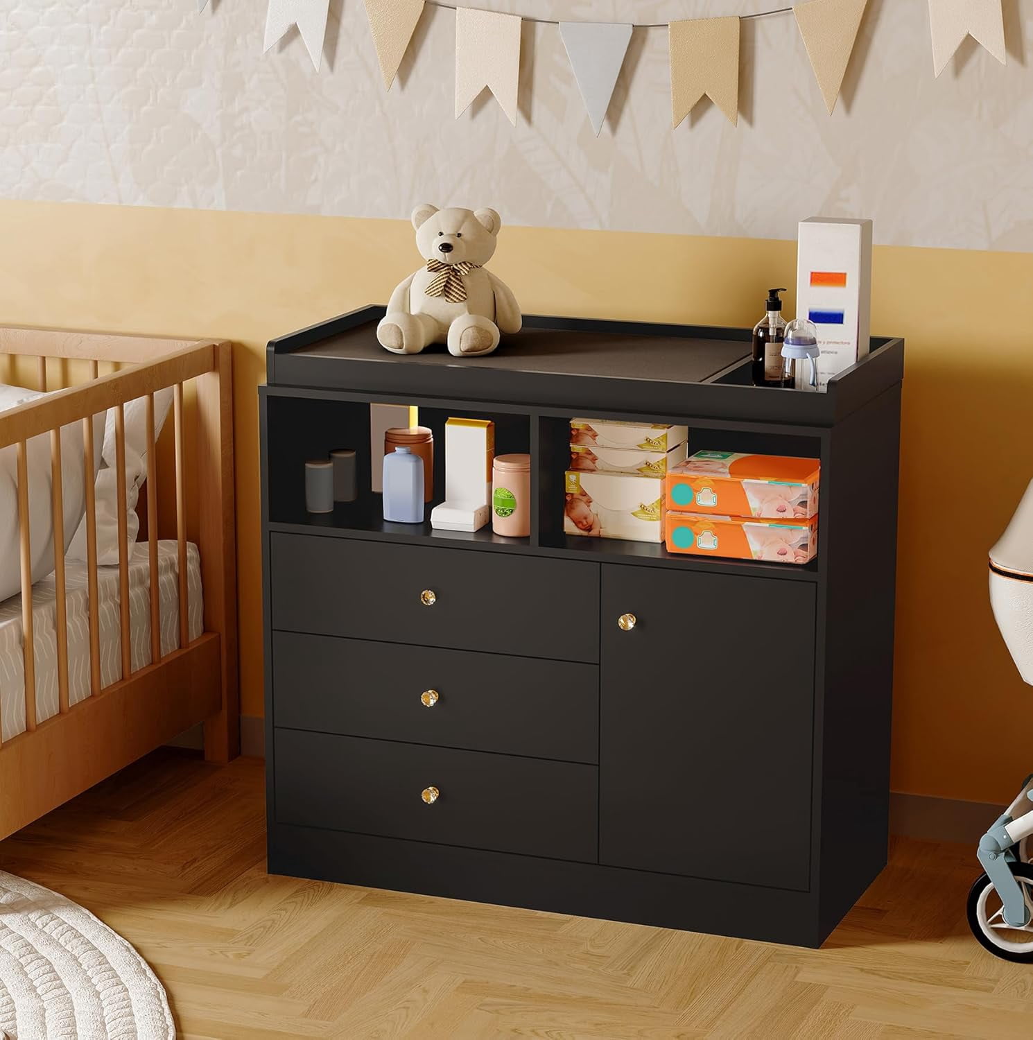 EastVita Dresser with Changing Table Top Changing Station with 3 Drawers Cabinet 2 Open Compartments Changing Table Dresser for Nursery Bedroom