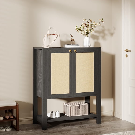Rattan Shoe Cabinet for Entryway, 31.5" Farmhouse Freestanding Narrow Shoe Storage Cabinet with 2 Doors & Bottom Shelf, 5 Tier Organizer Rack for Foyer, Hallway, Living Room, Grey Oak