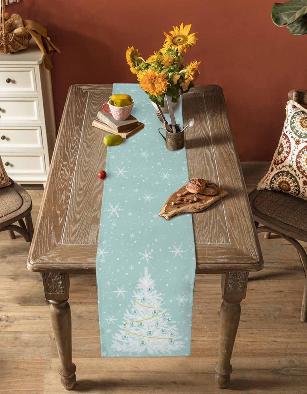 Ldtrchee Teal Green Christmas Tree Table Runner 90 Inches, Balls Snowflake Xmas Tree Bed Runner Dresser Scarves Tabletop for Indoor Outdoor Parties/Ceremony/Banquet, 13" x 90"
