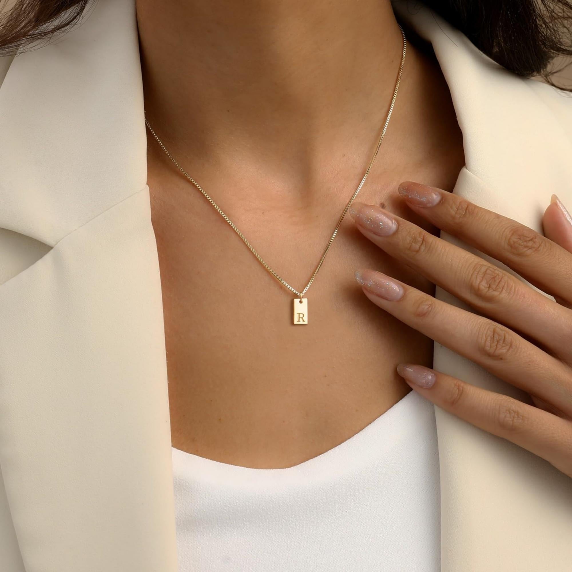 MACEHLJP Initial Necklace for Her Personalized Initial Tag Pendant Necklaces 14K Gold Plated