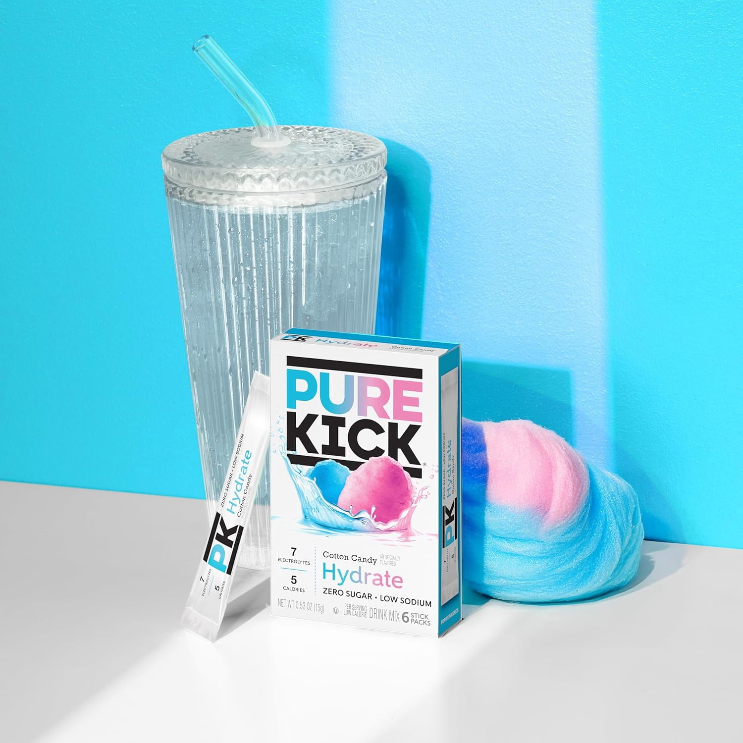 (6 pack) Pure Kick Cotton Candy, Hydration Electrolyte Powdered Drink Mix, 6 Count Packets