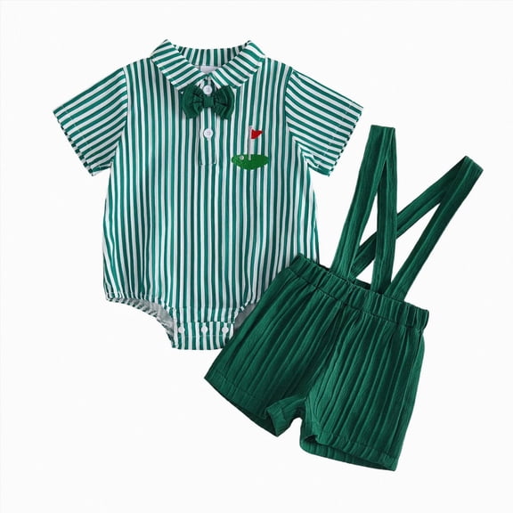 mgoYE Toddler Baby Boy Golf Outfit Hole in One Embroidery Striped Shirt Casual Suspenders Outfits Suits Summer Clothes(Dark Green,9-12 Months)