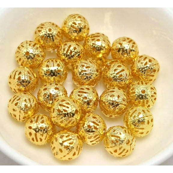 U8MO 200 Golden Plated Metal Round Filigree Spacer Beads 8mm Jewelry Findings