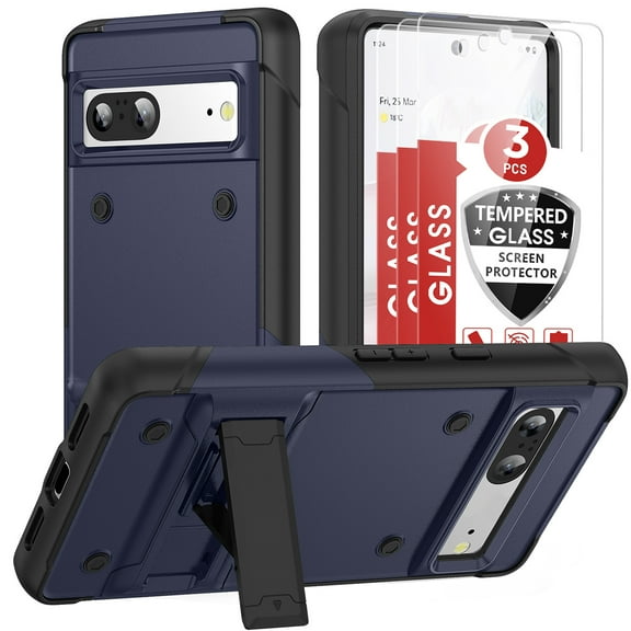 Allytech Google Pixel 7A Case   3Pcs Google Pixel 7A Screen Protector, Heavy Duty Protective Shockproof Kickstand Case Cover for Google Pixel 7A 5G 6.1" - Navyblue